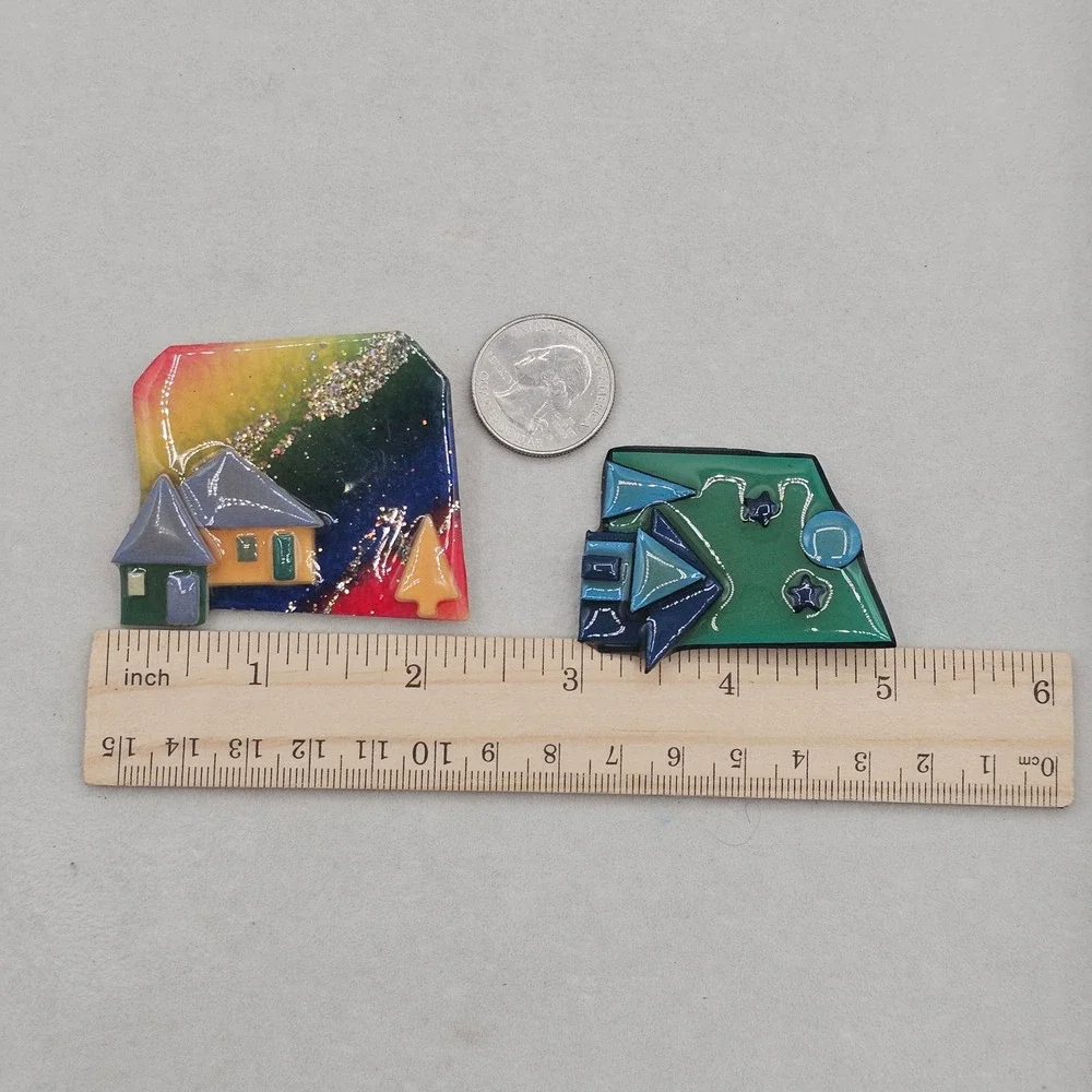 Vintage House Pins by Lucinda Resin Rainbow Night Landscape Glitter Brooch Set